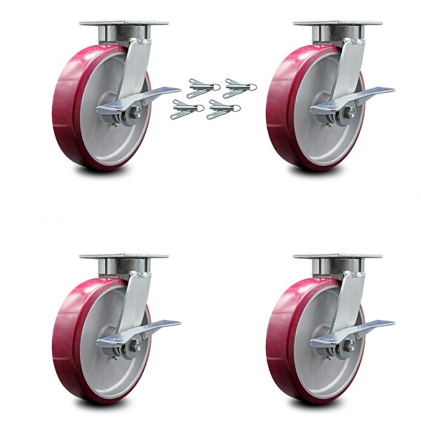8 Inch Kingpinless Poly on Aluminum Caster Set with Brakes and Swivel Locks SCC